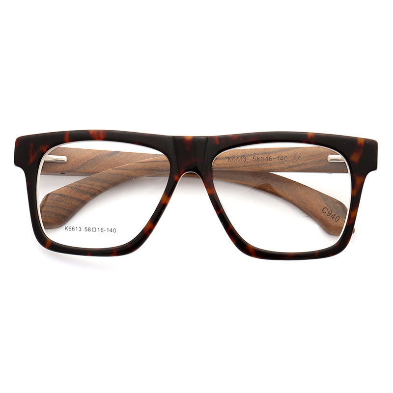 Tortoise shell eyeglass frames with wood temples