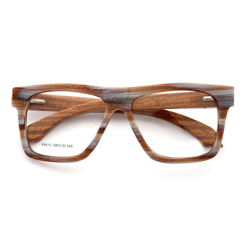 A pair of striped full rim oversized wooden eyeglasses