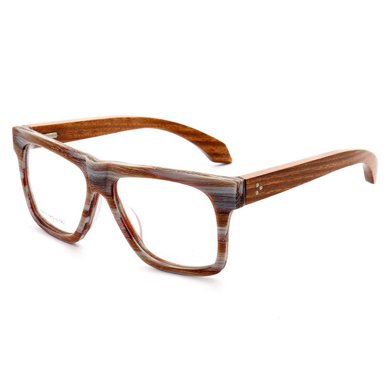 Side view of striped full rim oversized wooden eyeglasses