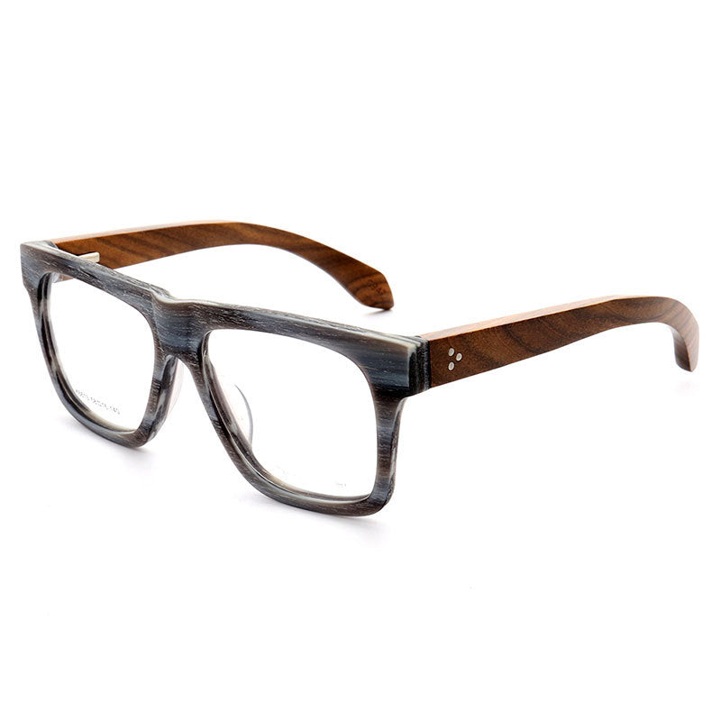 Side view of multicolored oversized eyeglasses with wood temples