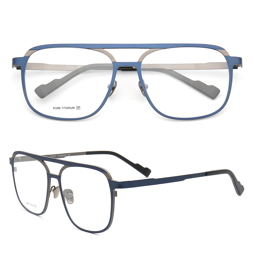 Blue and grey 80s pilot style titanium eyeglasses