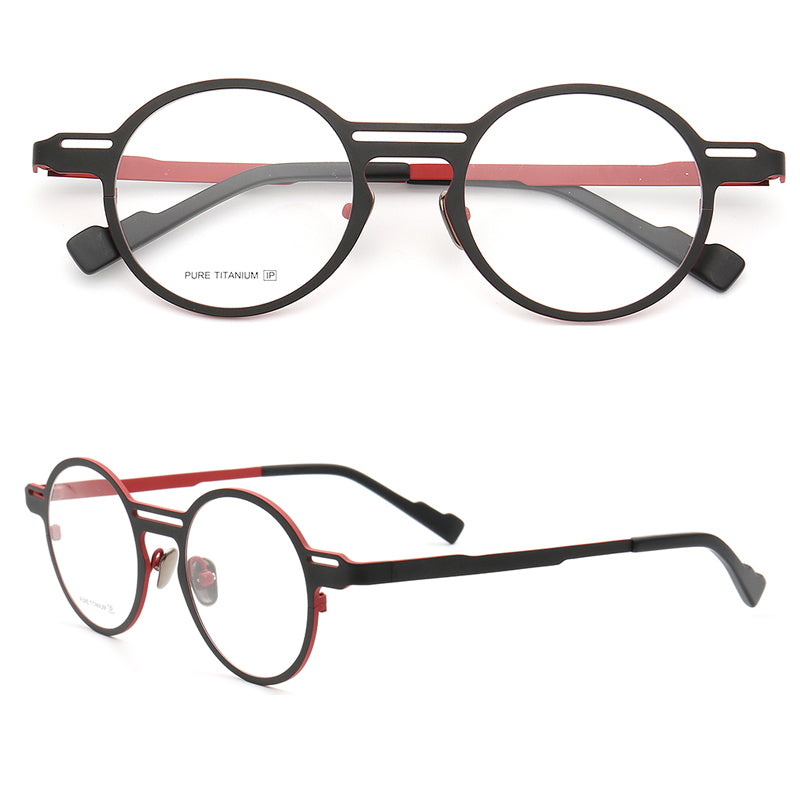 Round red and black retro titanium eyeglass frames