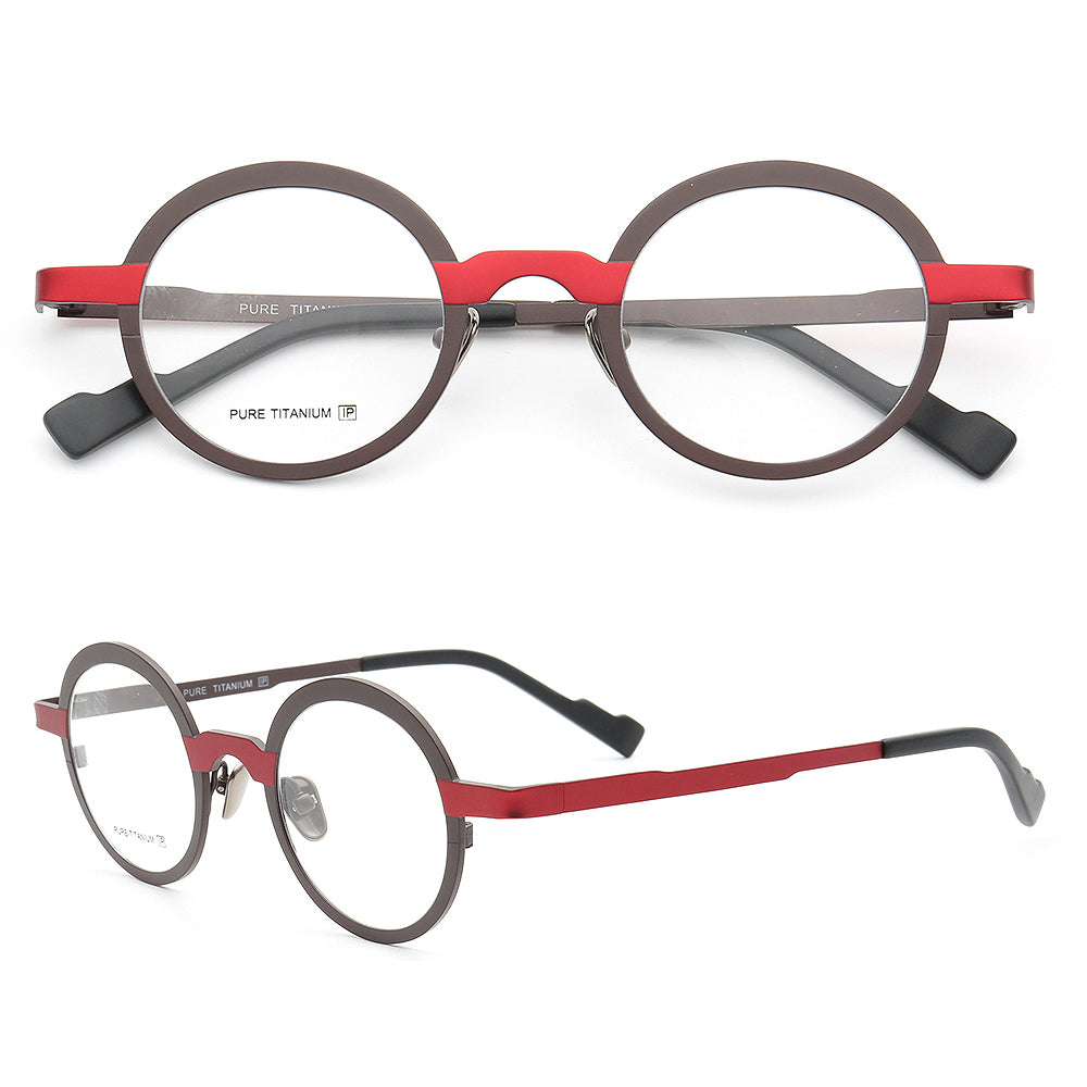 Front and side view of red round titanium eyeglasses