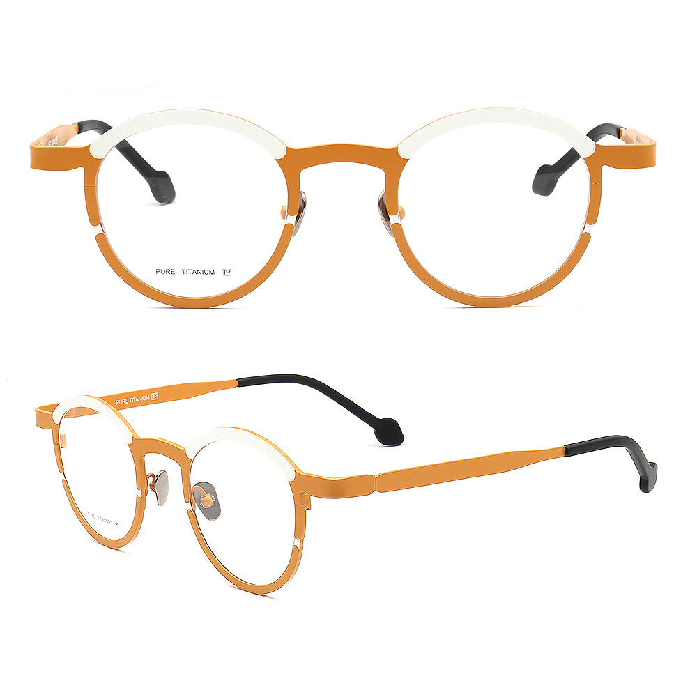 Round orange and white titanium eyeglasses