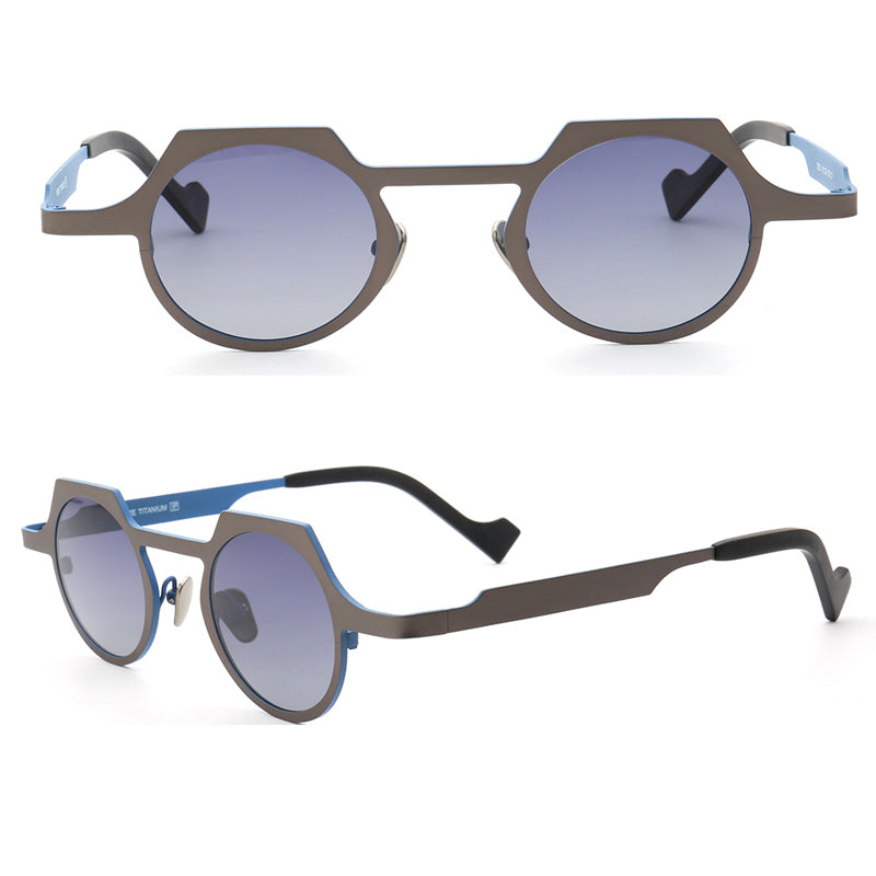 grey and blue shield shaped titanium sunglasses