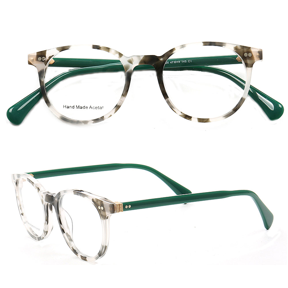 Front and side view of green tortoise eyeglasses