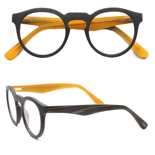 Front and side view of black and yellow round glasses