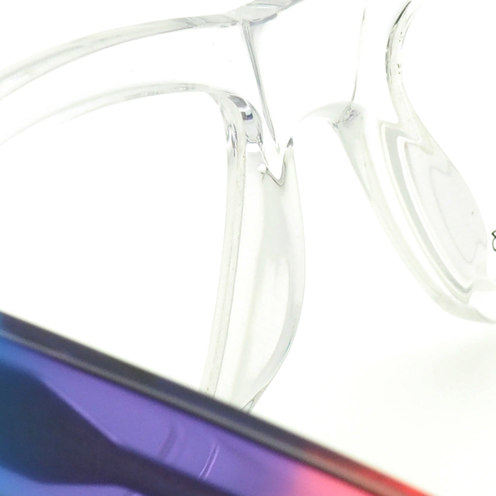Interior of clear eyeglasses with gradient temples