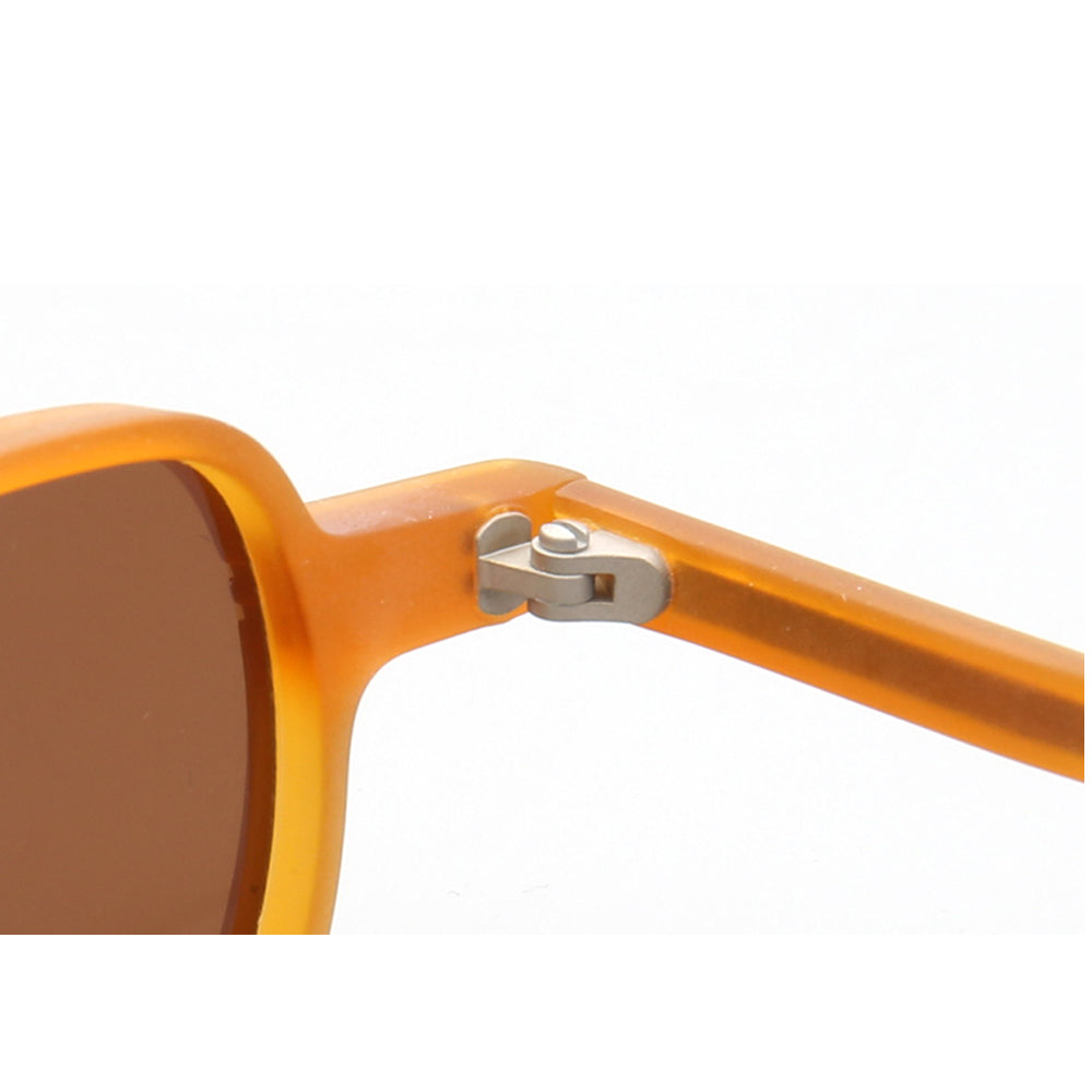 Inner hinge of orange square polarized sunglasses