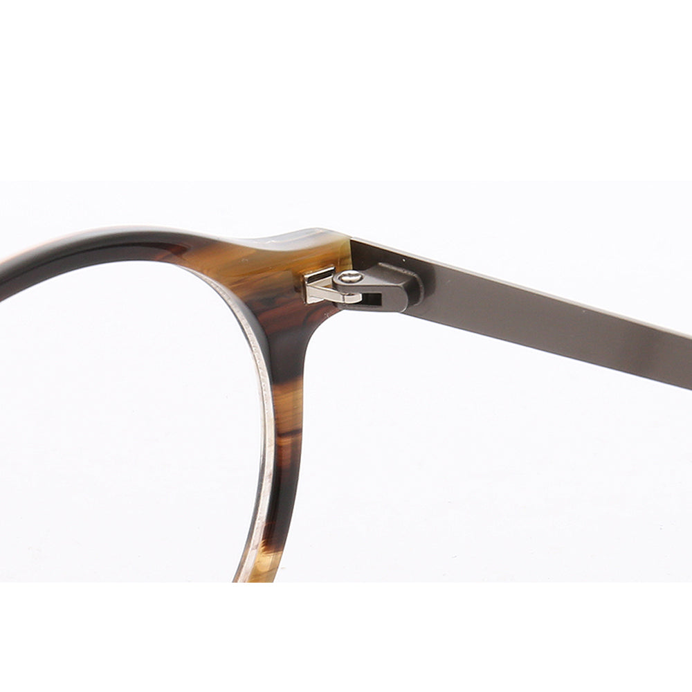 Hinge of brown composite round eyeglasses