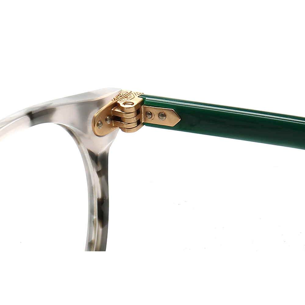 Hinge of green patterned eyeglasses