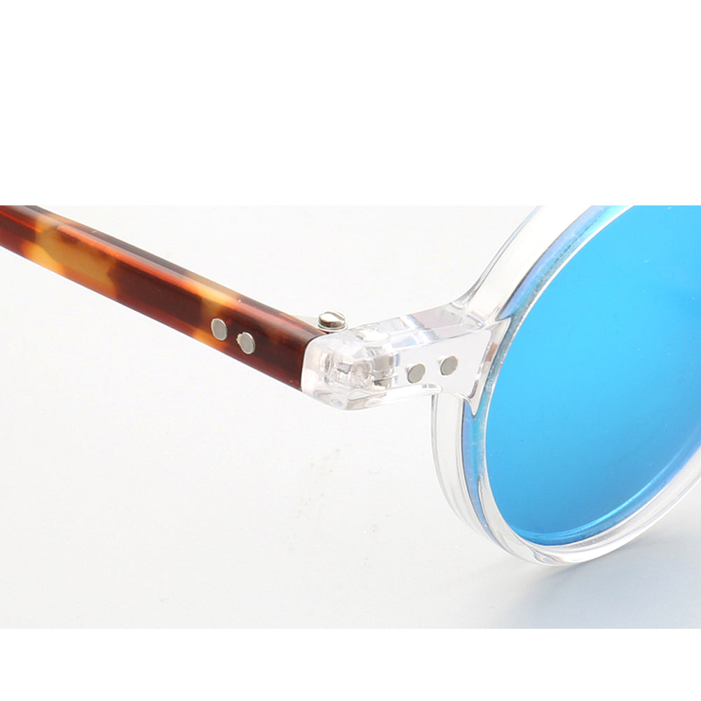 Temple of clear blue acetate sunglasses