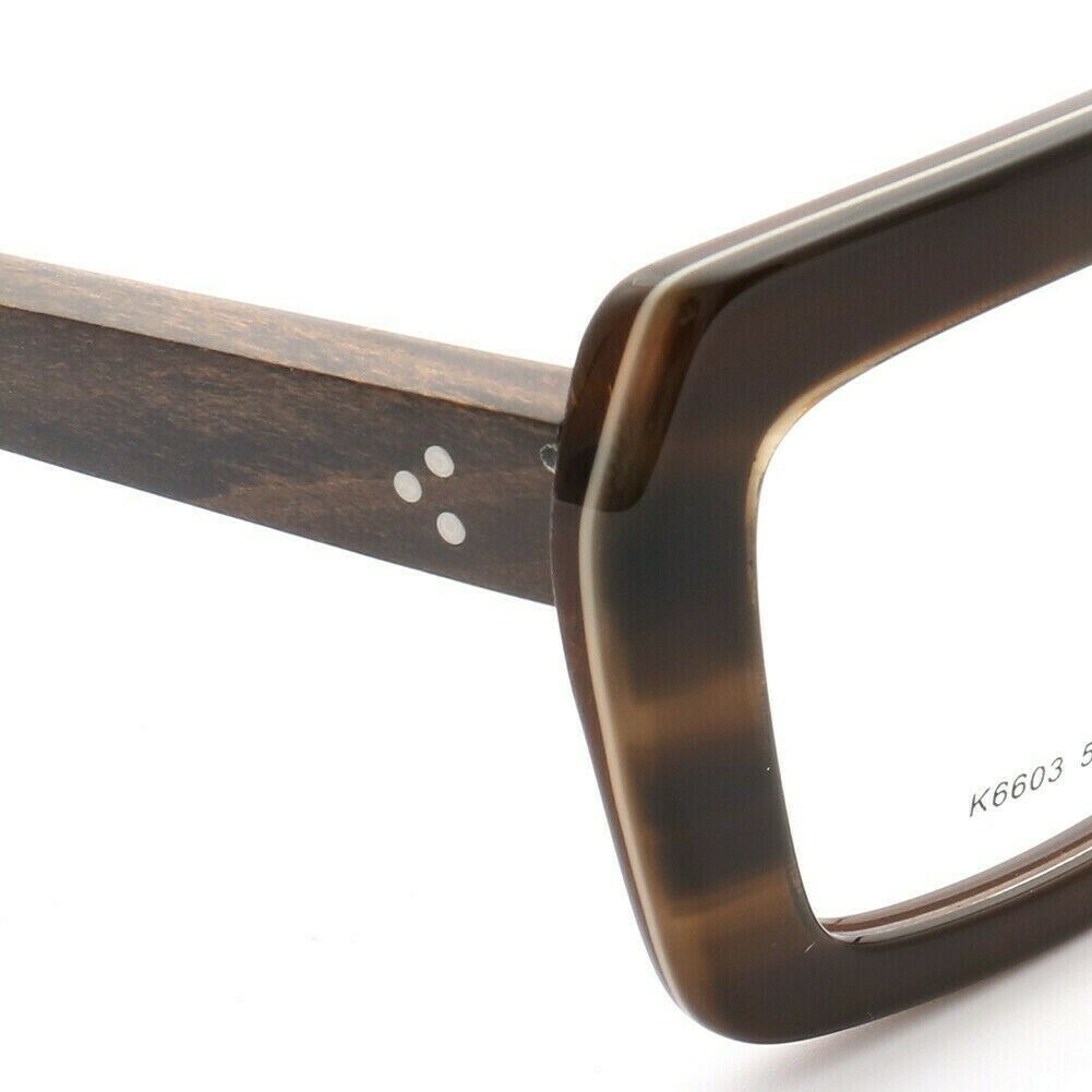 Temple of brown square wooden eyeglasses frames