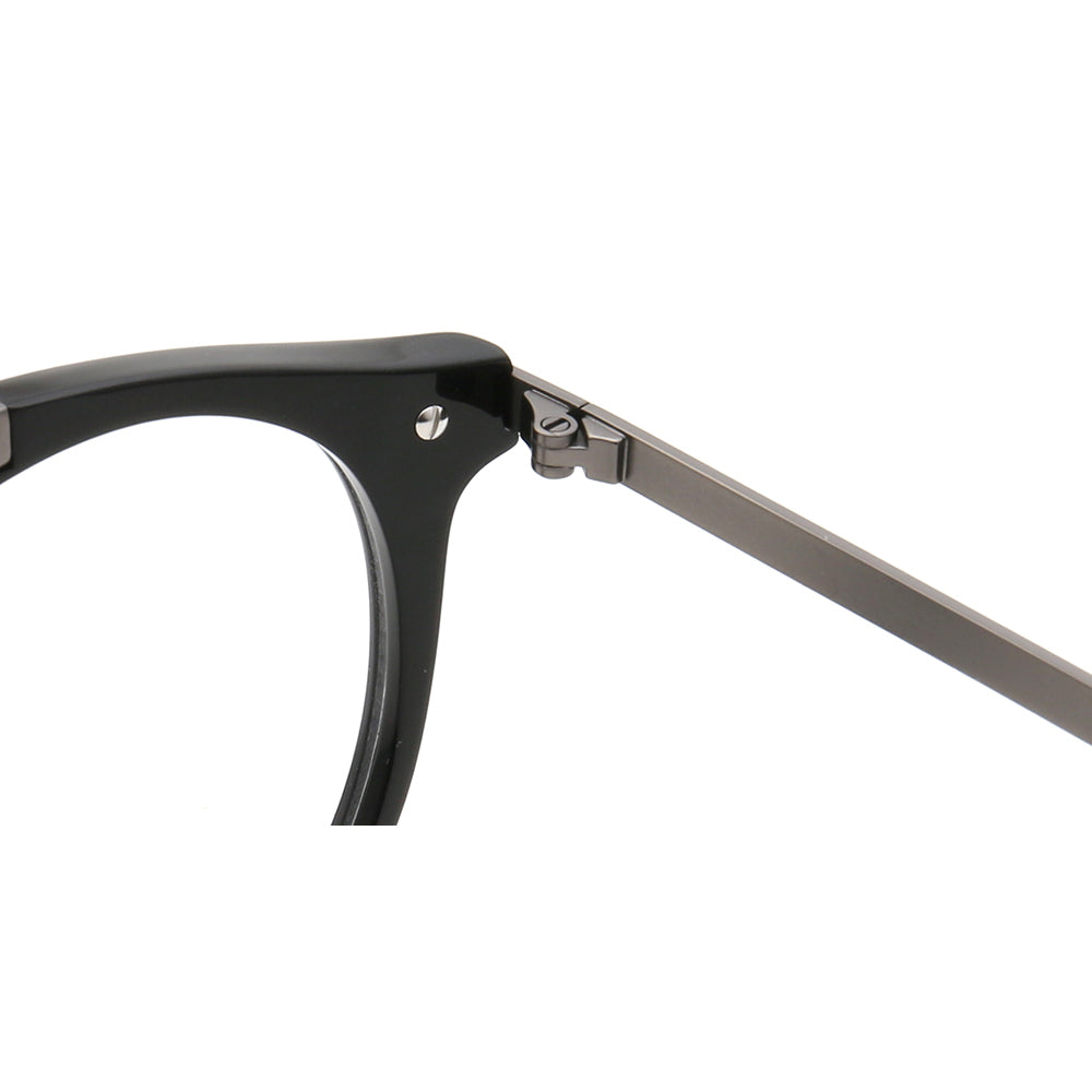 Inner hinge of black and grey full rim eyeglass frames