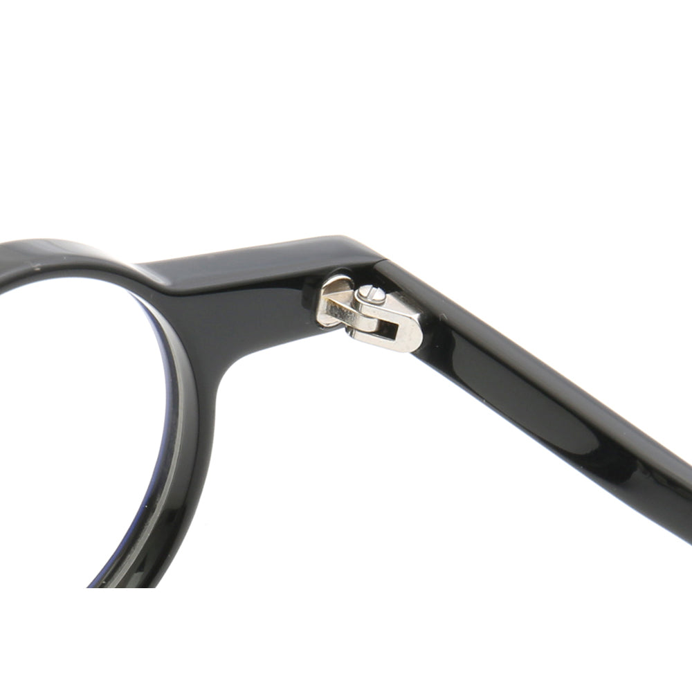 Inner hinge of black round retro eyeglass frames