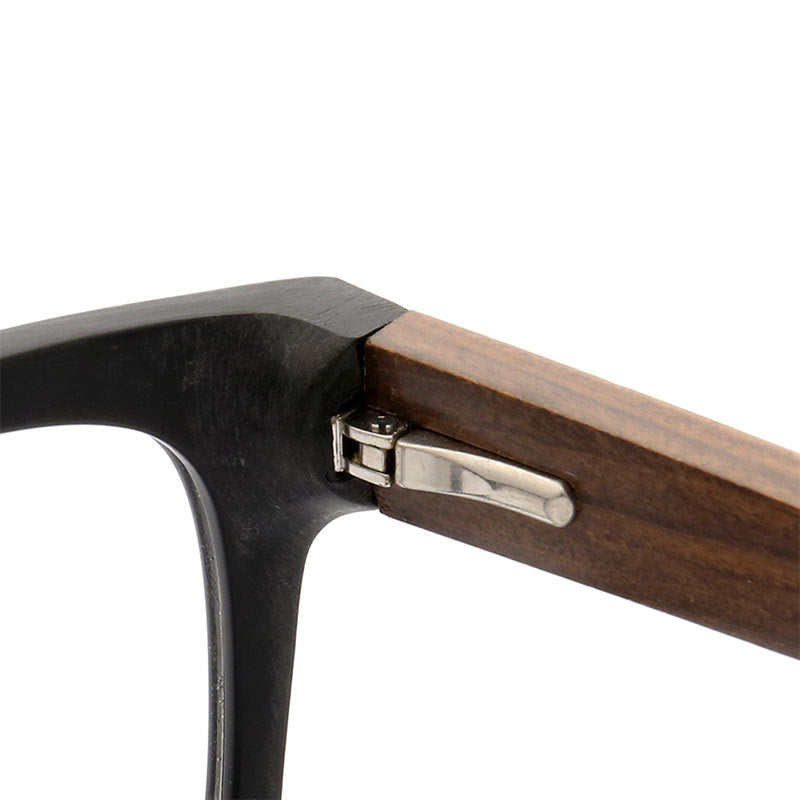 Inner hinge of acetate glasses with wood temples