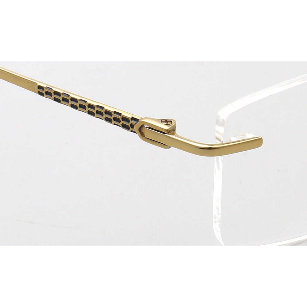 Gold temple of rectangular rimless eyeglass frames