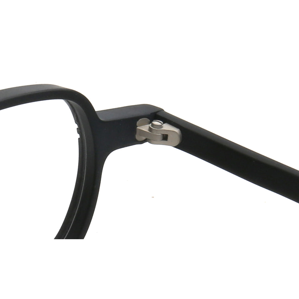 Hinge of black square full rim eyeglasses