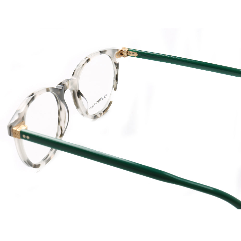 Interior view of green patterned eyeglasses
