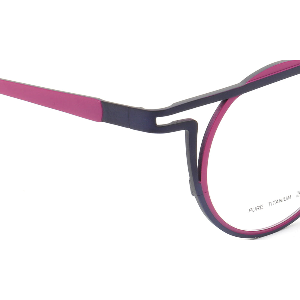 Temple of blue and pink titanium eyeglass frames