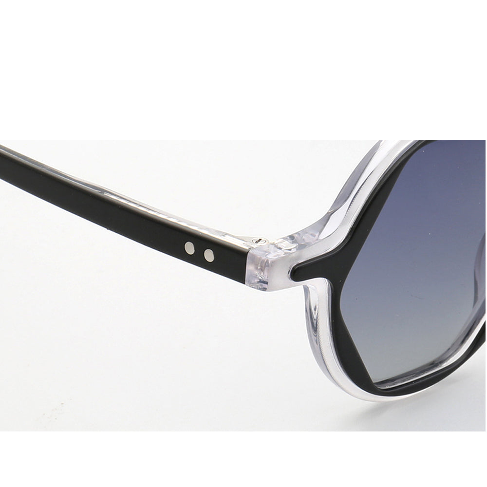 Temple of black and clear hexagon shaped sunglasses