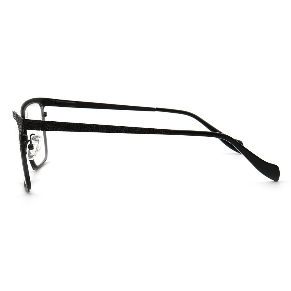 Temple of black patterned stainless steel eyeglass frames