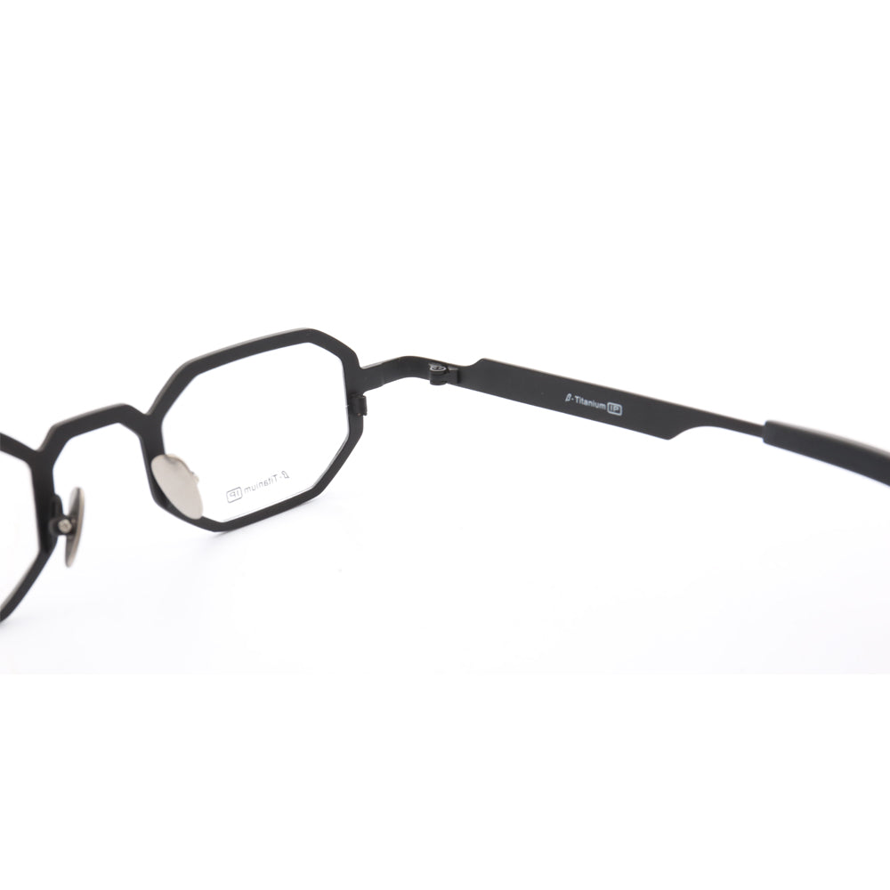 Rear view of black polygon shaped pure titanium eyeglass frames.