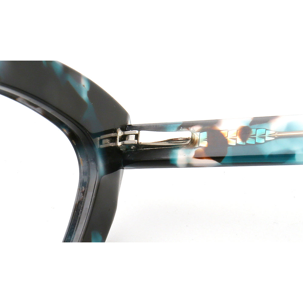 Inner hinge of blue tortoise shell glasses