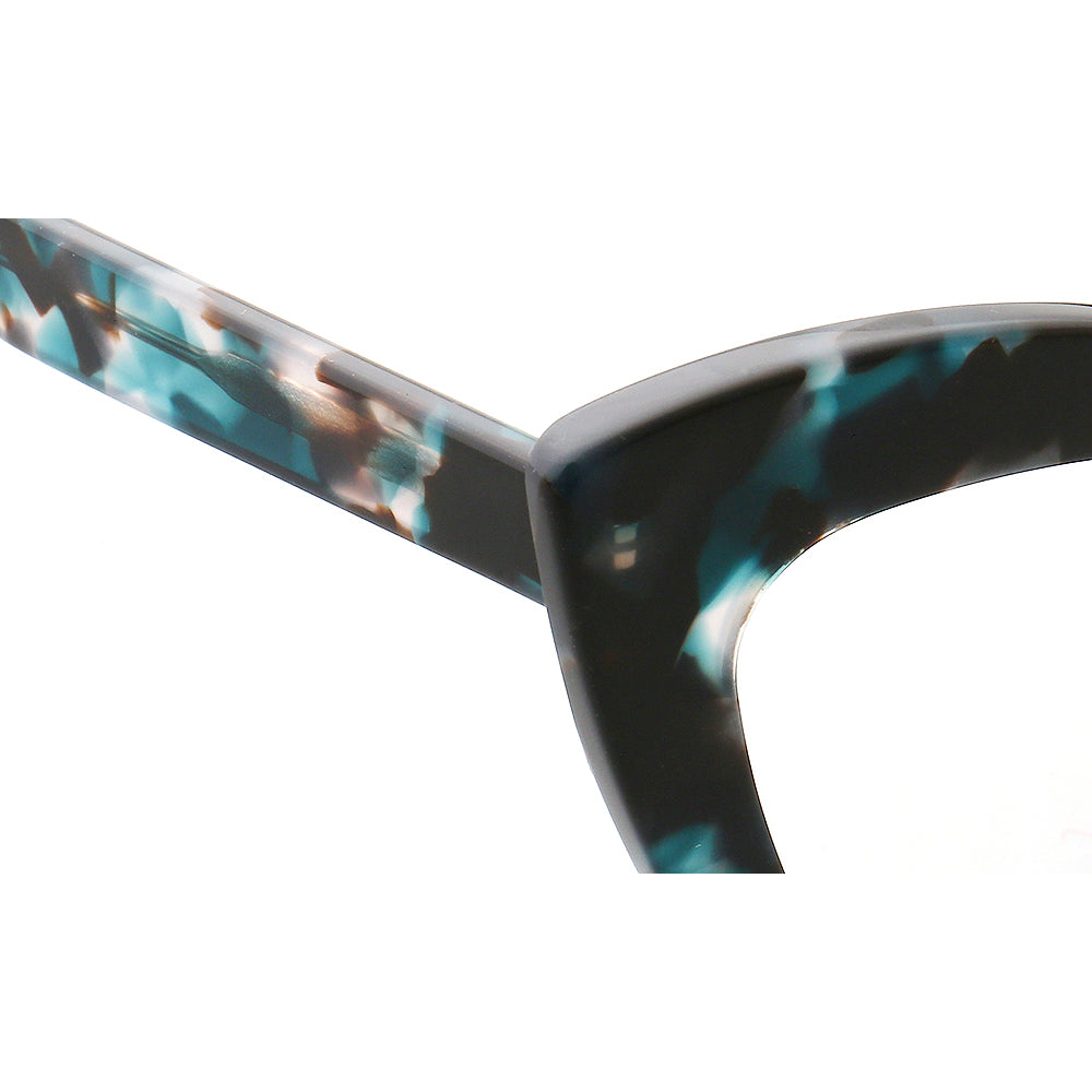 Temple of blue tortoise patterned cat eye glasses