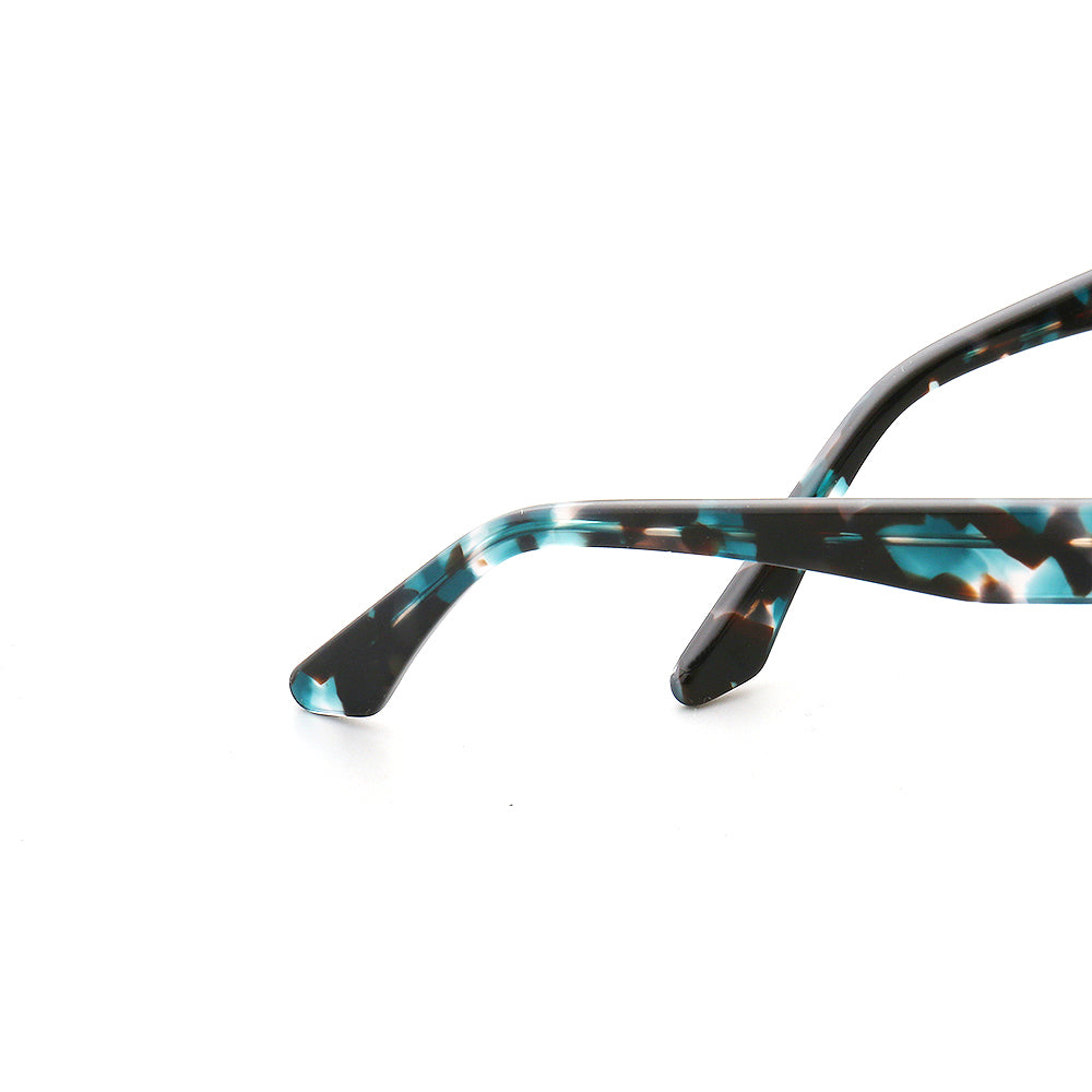 Temple tips of blue tortoise shell eyeglass frames