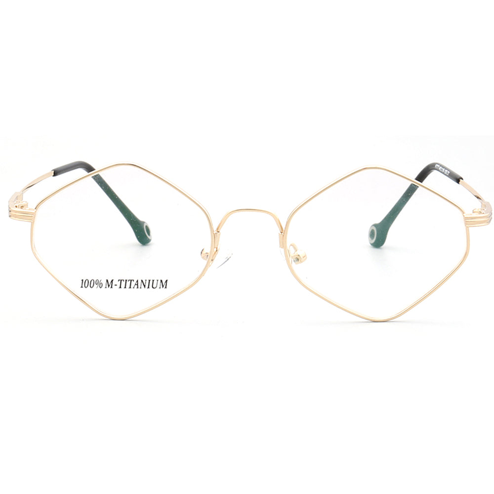 Front view of gold full rim geometric eyeglass frames