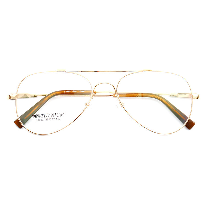 Front view of gold pilot style eyeglass frames