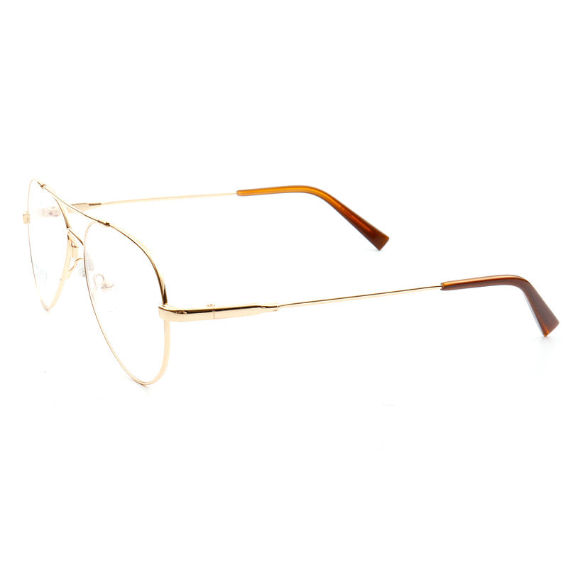 Side view of gold pilot style eyeglass frames