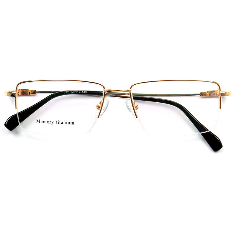 A pair of metal half rim square eyeglass frames