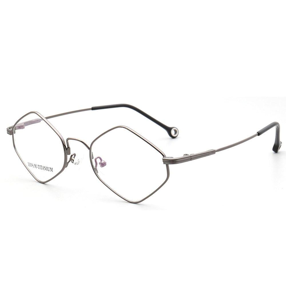 Side view of grey full rim geometric eyeglass frames