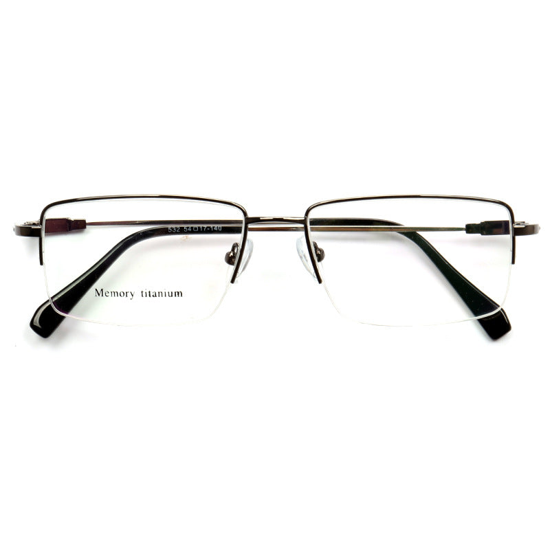 A pair of grey rectangular semi rimless eyeglass frames