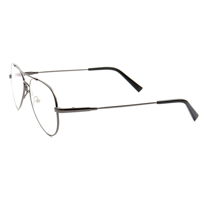 Side view of grey pilot style eyeglass frames