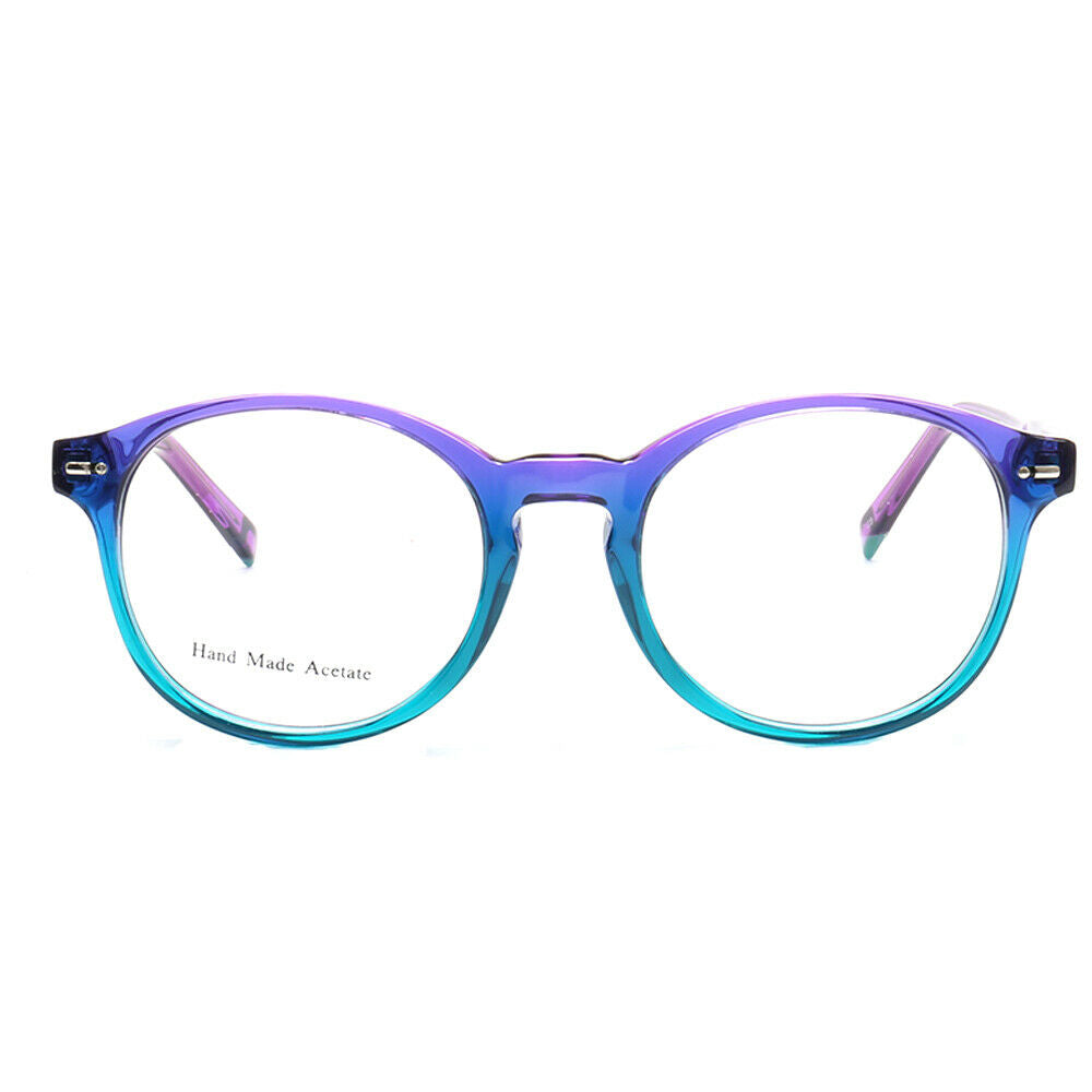 Front view of blue and purple round glasses frames