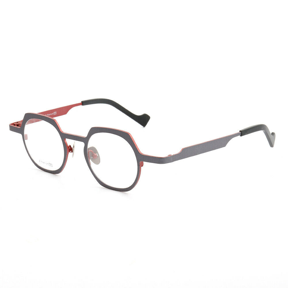 Side view of grey and red round titanium eyeglasses frames