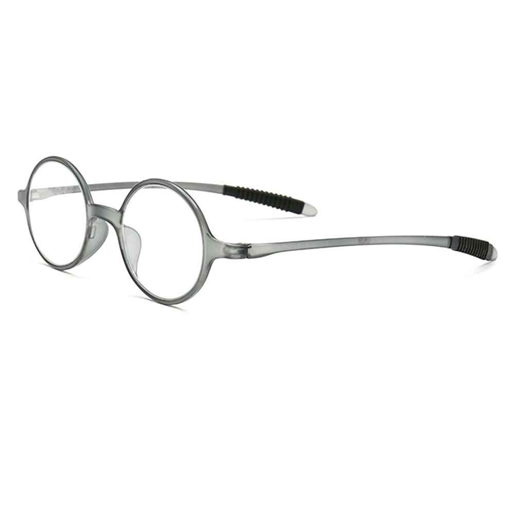 Side view of grey round reading glasses