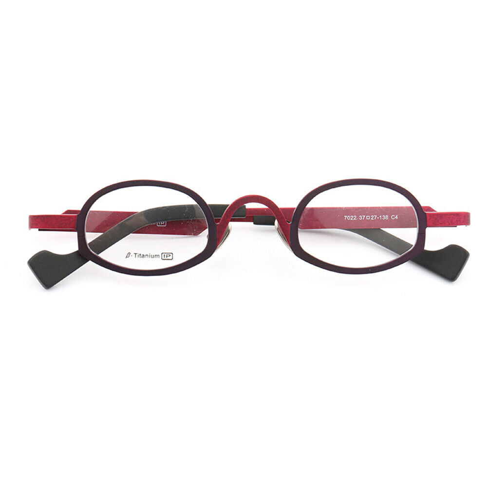 Front view of red and black oval eyeglasses