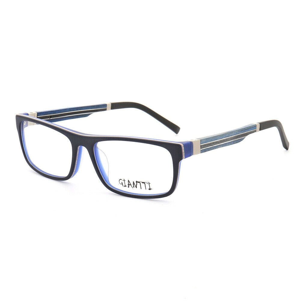 A pair of blue wooden eyeglasses