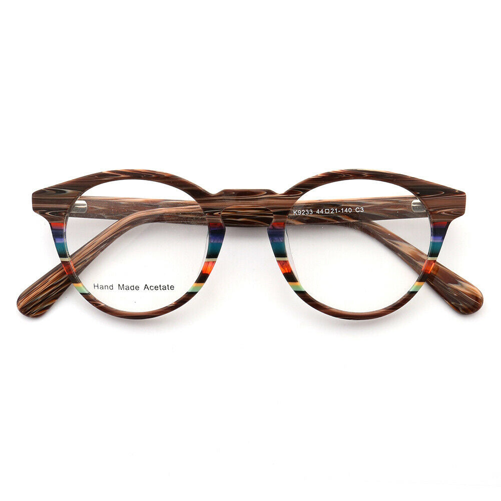 Front view of colorful striped acetate eyeglasses