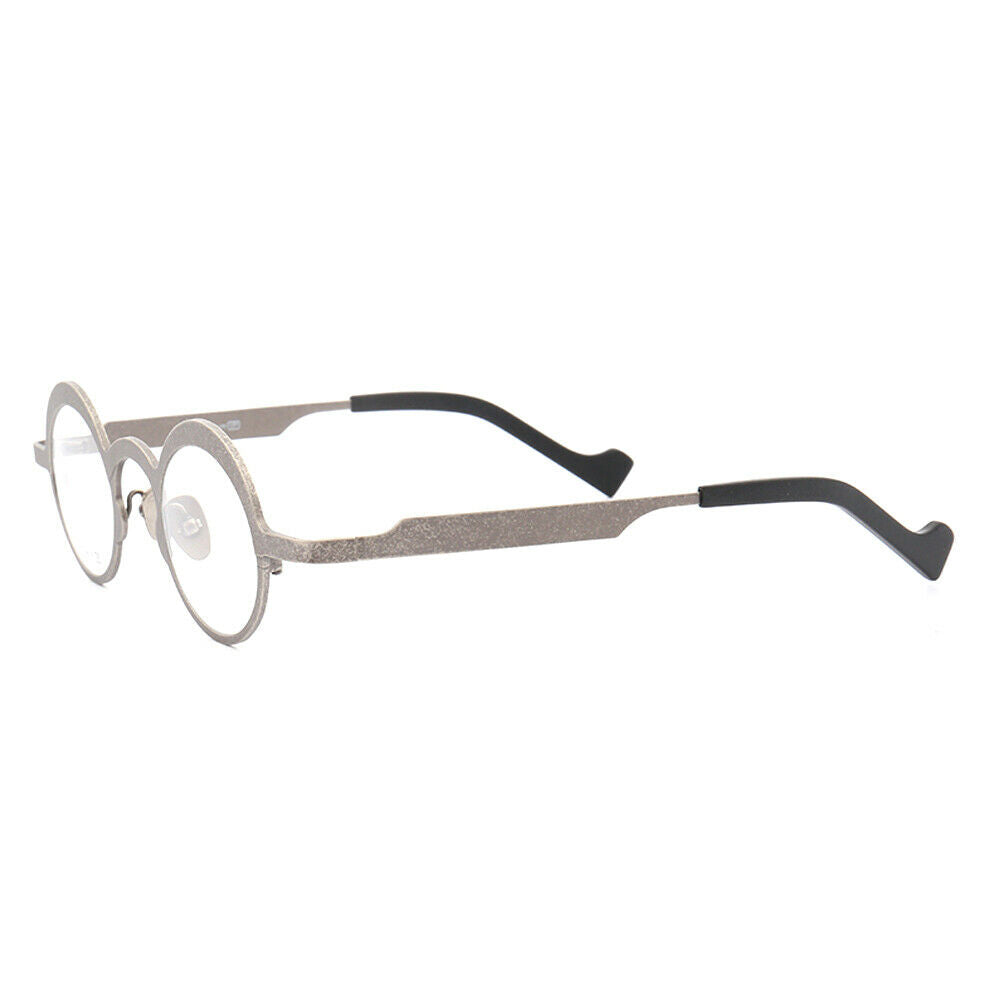 Side view of grey round titanium eyeglass frames