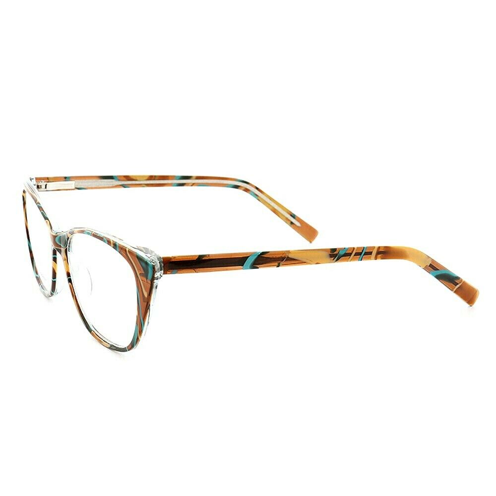 Side view of bronze and aqua cat eye glasses