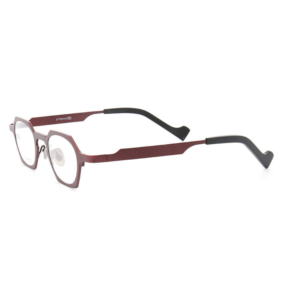 Side view of red octagon shaped eyeglasses