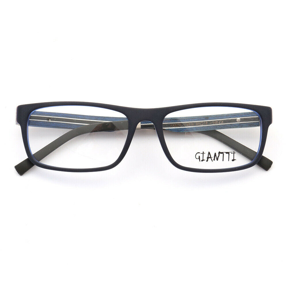 Front view of blue wooden eyeglasses