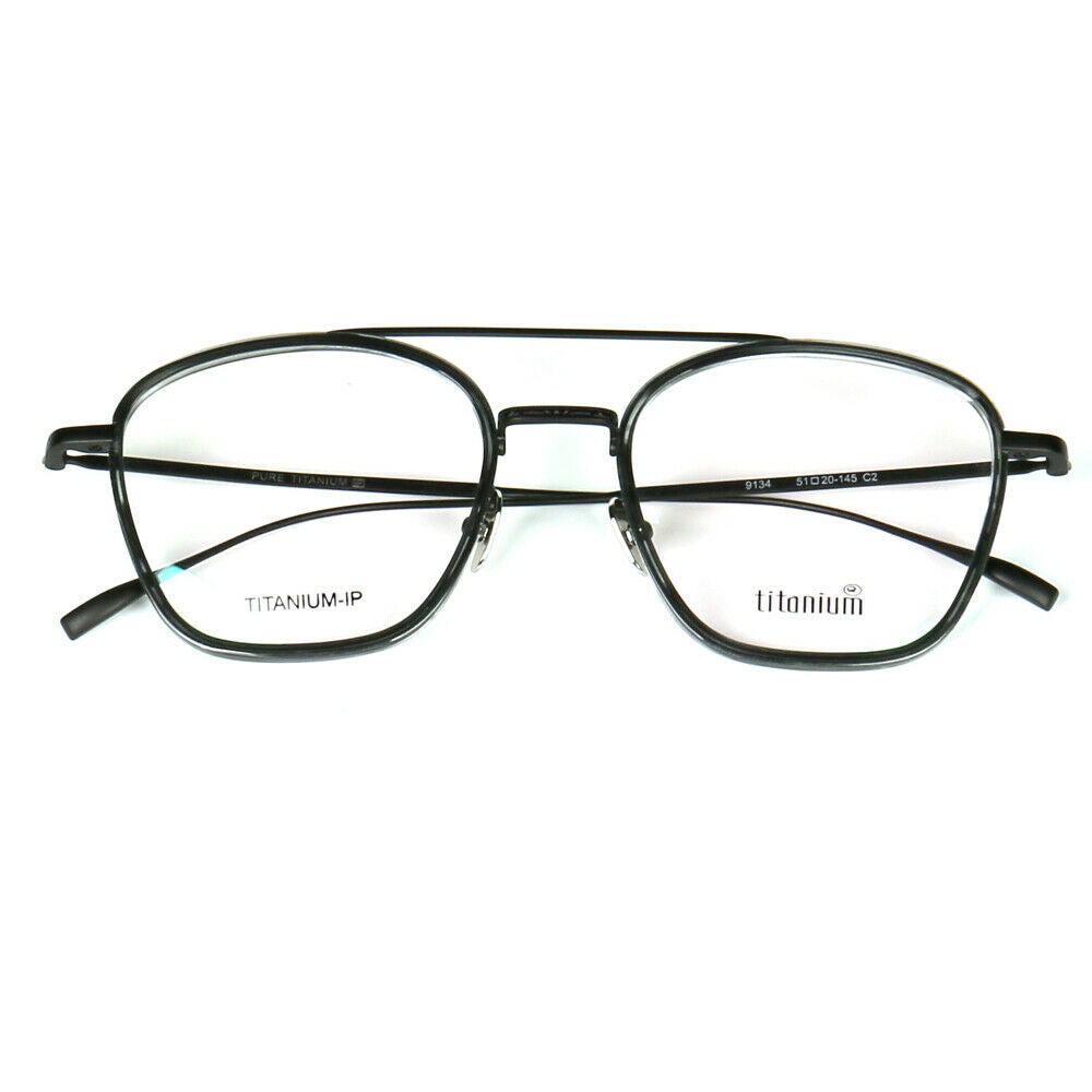 A pair of black double bridged titanium eyeglasses