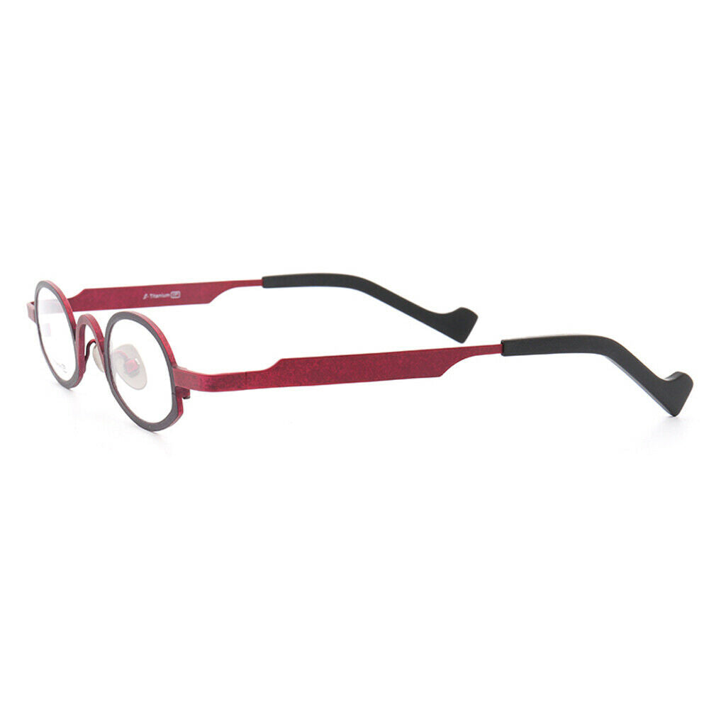 Side view of red and black oval eyeglasses