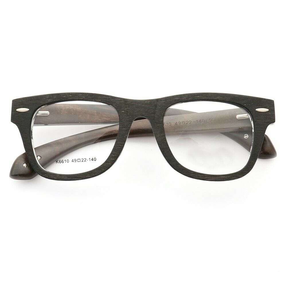 Front view of black and white wooden eyeglasses